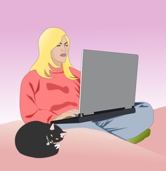 A blonde girl, with a black cat, working on a laptop.