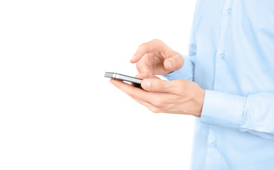 Man using a mobile phone isolated with copy space