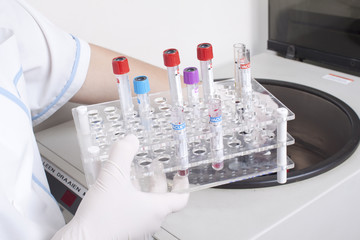 Hands loads blood samples in centrifuge