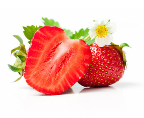 strawberry berry with green leaf and flower