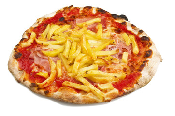 Pizza with ham and chips