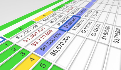 3d spreadsheet with one cell selected