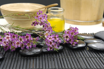 spa accessories on wooden mat background