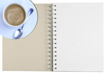 Notebooks, coffee mugs  isolated on white.