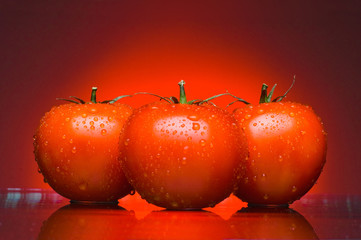 Three juicy tomatoes on a red background