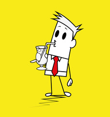 Square guy is drinking.