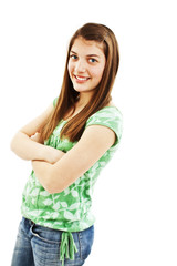 Portrait of attractive smile teenage girl folded hand