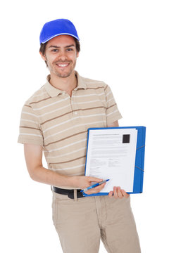 Delivery Man Asking To Sign Delivery Confirmation