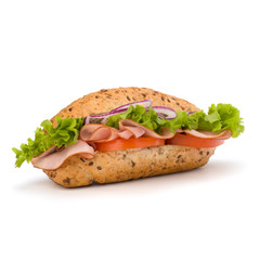 fast food baguette sandwich with lettuce, tomato, ham and chees