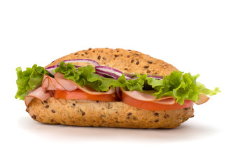 fast food baguette sandwich with lettuce, tomato, ham and chees