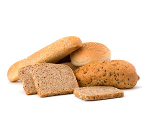 Bread loafs and buns variety isolated on white background