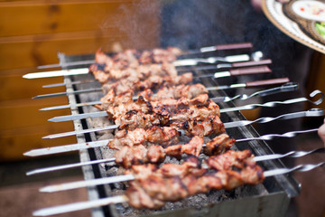 Juicy slices of meat with sauce prepare on fire (shish kebab)