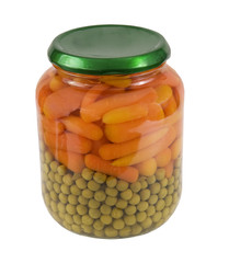 jar of preserved baby carrots and peas,isolated