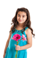 Little girl holding pink gerbera daisies isolated on white