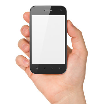 Hand holding smartphone on white background. Generic mobile smar