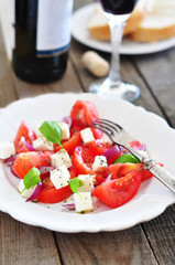 Salad, bread and wine