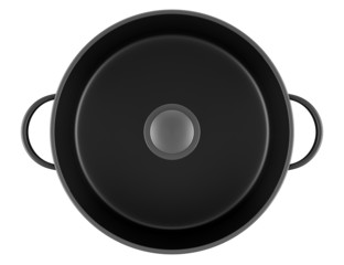 top view of black cooking pan isolated on white background