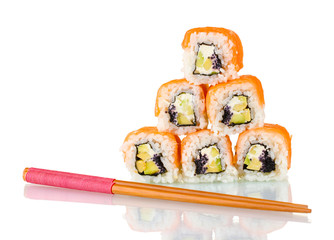 Tasty rolls with chopsticks isolated on white