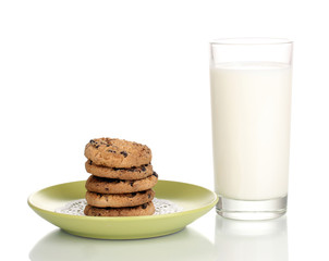 Glass of milk and cookies isolated on white