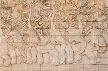 Low relief cement Thai style handcraft of elephant