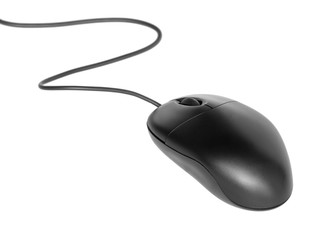 Black computer mouse with cable isolated on white background