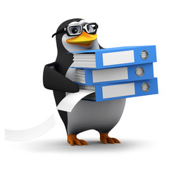 3d Penguin in glasses does some filing