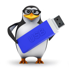 3d Penguin in glasses with a memory stick