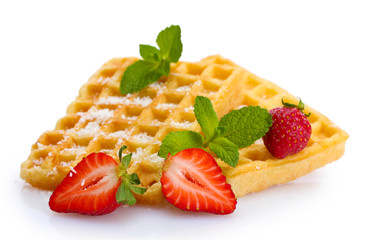 belgium waffles with strawberries and mint  isolated on white