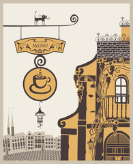 banner voor menu naar oud café in de stad