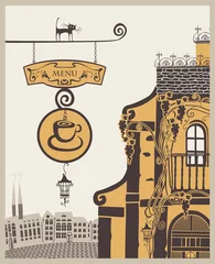 Foto auf Acrylglas Gezeichnetes Straßencafé Banner für das Menü zum alten Café in der Stadt