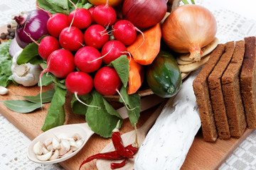 Healthy food. Fresh vegetables and fruits on a wooden table.