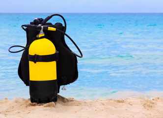 Scuba diving equipment on a cuban beach