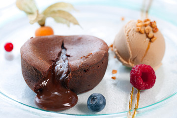 Hot chocolate coulant cake dessert.