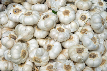 Garlic bulbs on a market stall