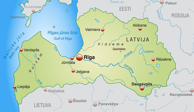 Map of Latvia with neighboring countries ain green