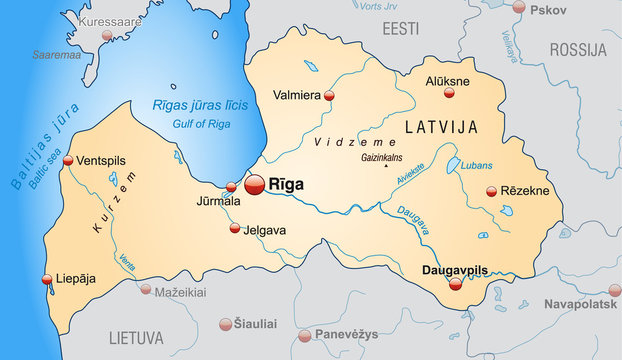Map of Latvia with neighboring countries and capitals