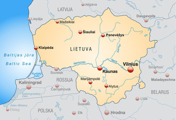 Map of Lithuania with capitals in orange