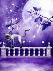 Fioletowa sceneria z księżycem i kotem
