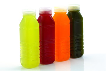 Many kinds of fruit juice in the bottle.