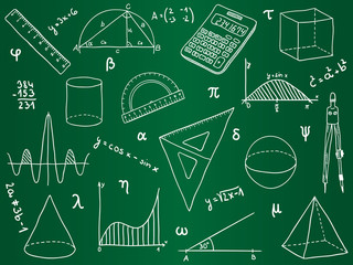 Mathematics - school supplies, geometric shapes and expressions - obrazy, fototapety, plakaty