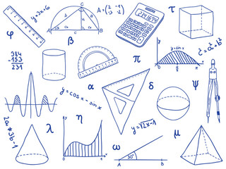 Mathematics - school supplies, geometric shapes and expressions