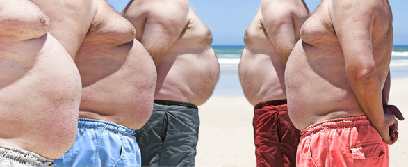 Five very obese fat men on the beach - obrazy, fototapety, plakaty