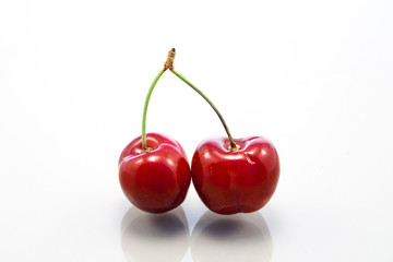 Two juicy ruby red cherries