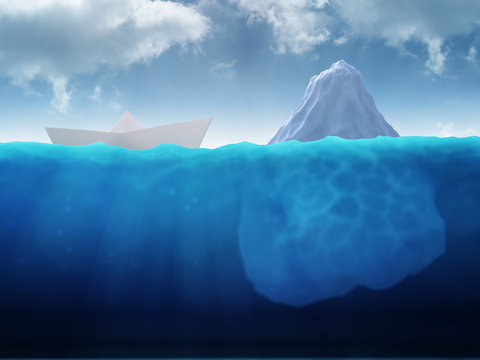 Small paper ship heading into an iceberg