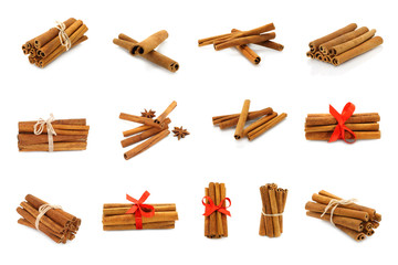 Cinnamon collage on white background