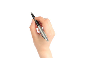 Hand with pen on white background