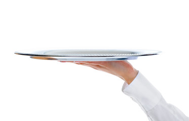 Waiter holding empty silver tray