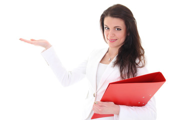 Brunette woman with folder showing something