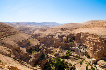 Fototapeta na wymiar Landsape of monastery in Judea desert in Palestine
