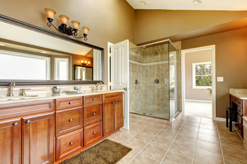 Luxury new large bathroom interior with brown tiles.